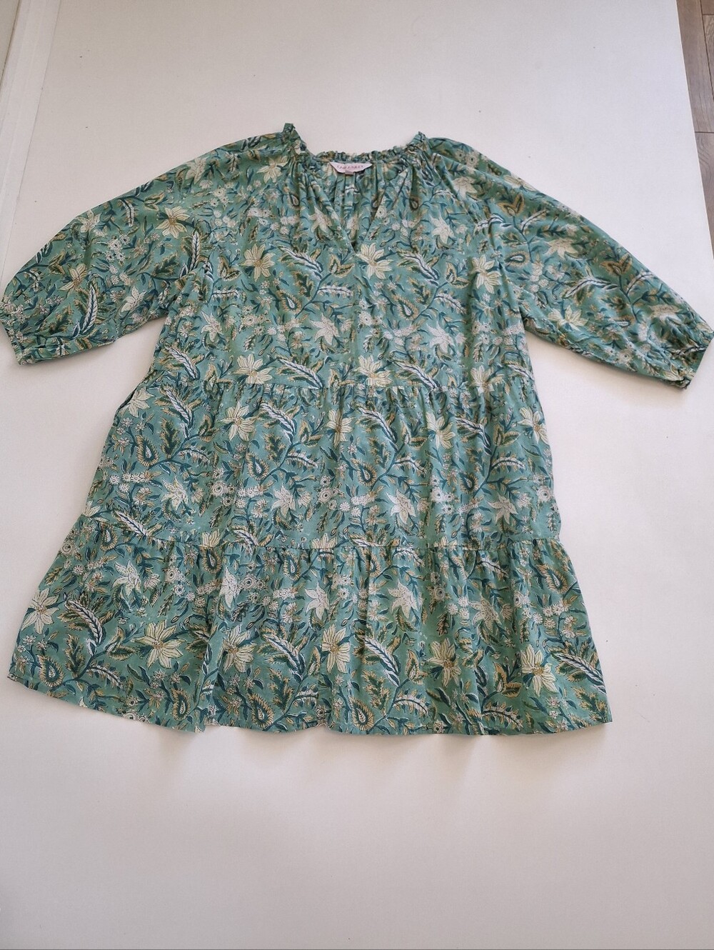 Carla Kiley Boho Floral Block Print Tiered Bishop Sleeve V-neck Dress Size 3XL - Picture 2 of 10